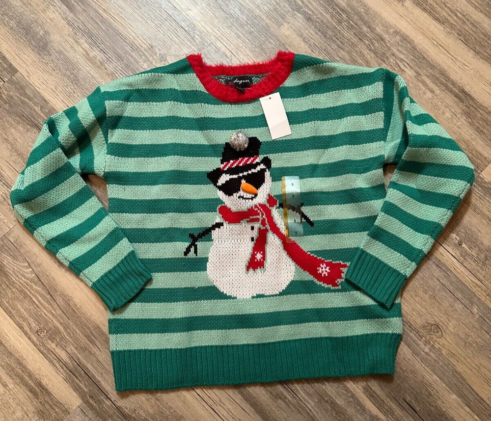 Ugly Christmas Sweater Cool Snowman Green Striped 33 Degrees Women's Small